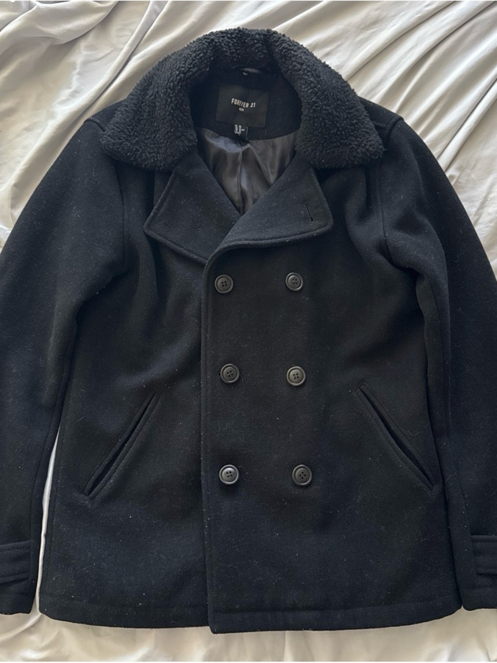 Forever 21 Black Double-Breasted Peacoat with Sherpa Collar